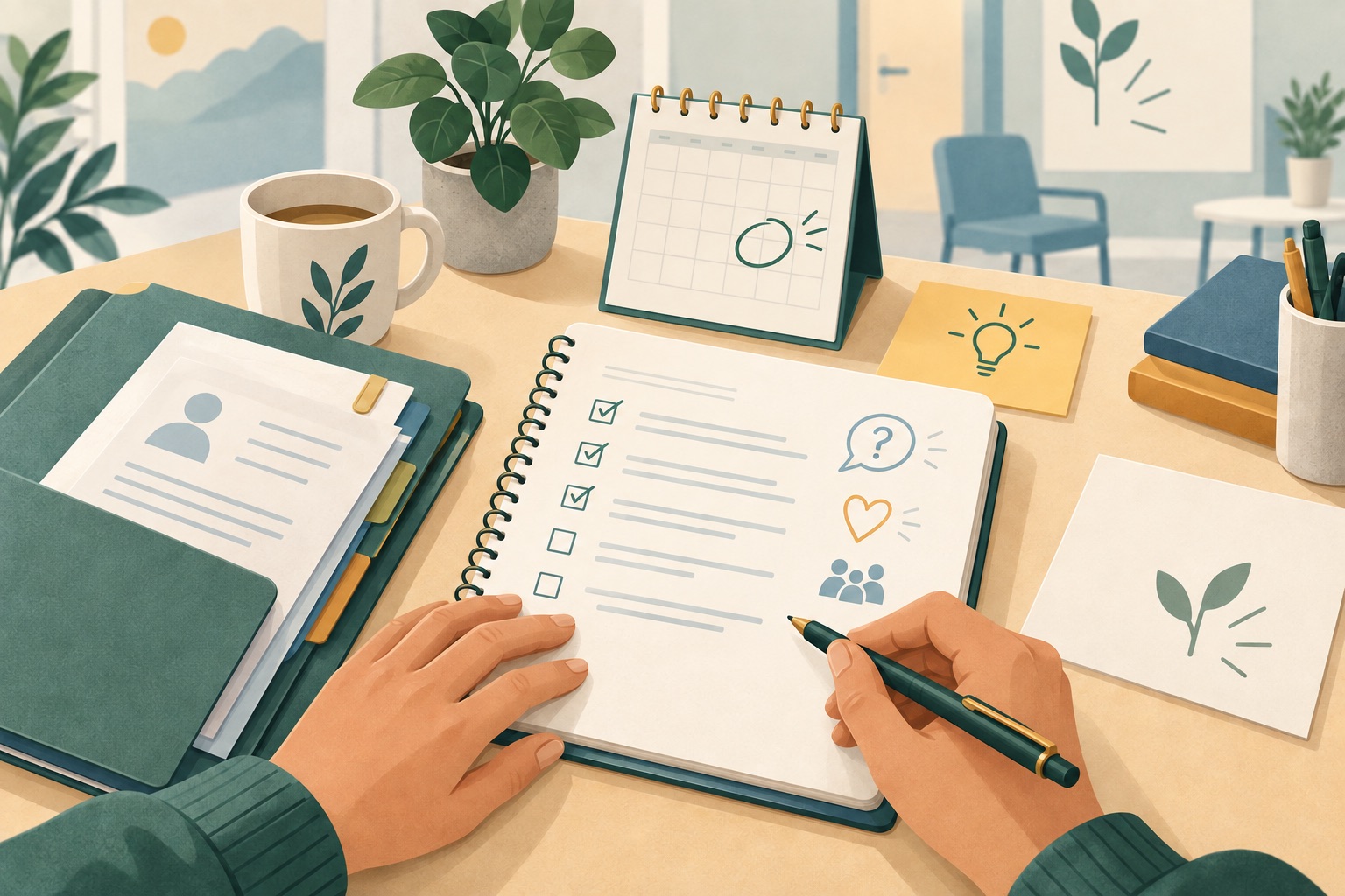 Illustration éditoriale d’un carnet utilisé pour comprendre les modalités d’un rendez-vous