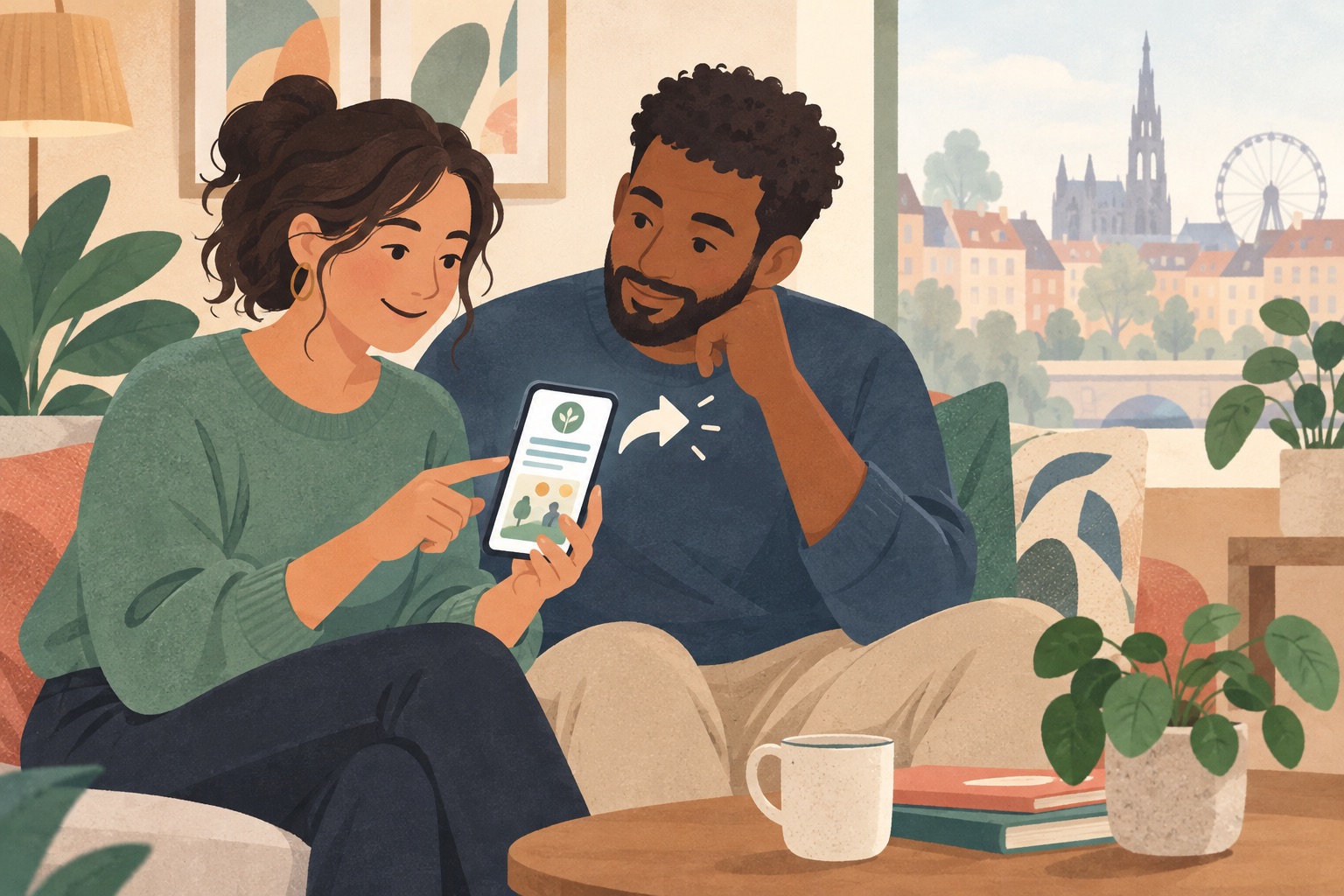 Redaktionelle Illustration zweier Personen, die Präventionsinformationen teilen