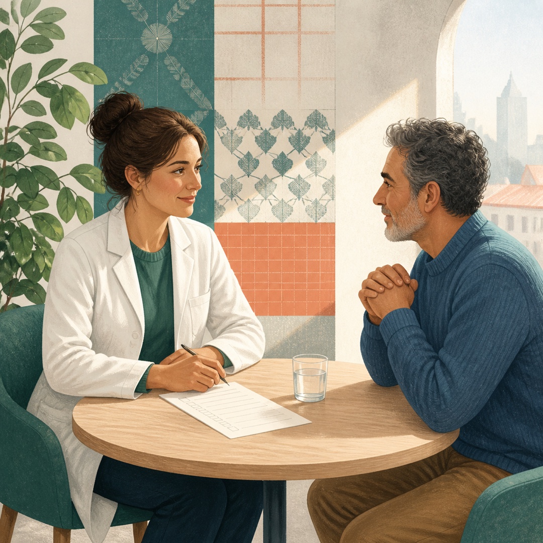 Editorial illustration of a prevention conversation in a Mulhouse pharmacy