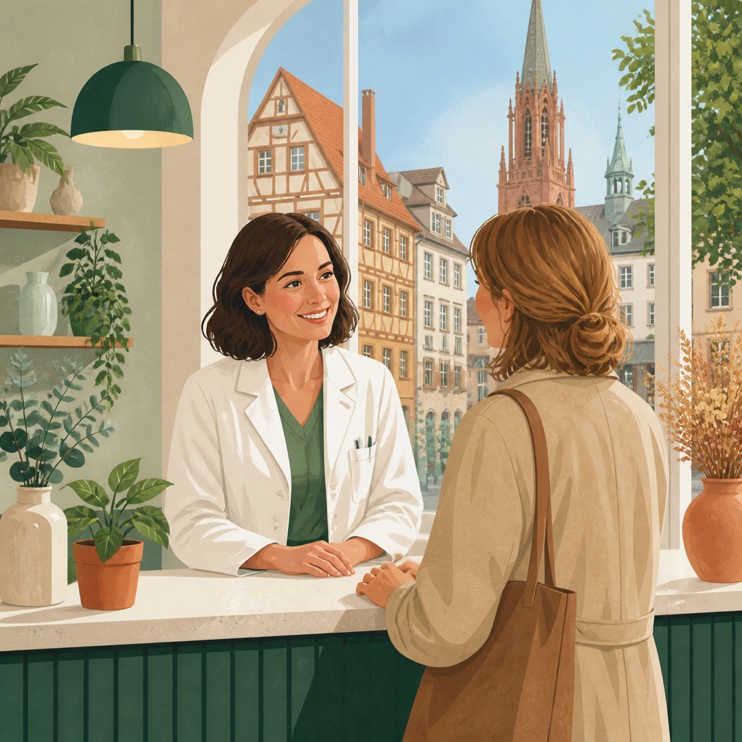 Editorial illustration of a conversation at a Mulhouse pharmacy counter