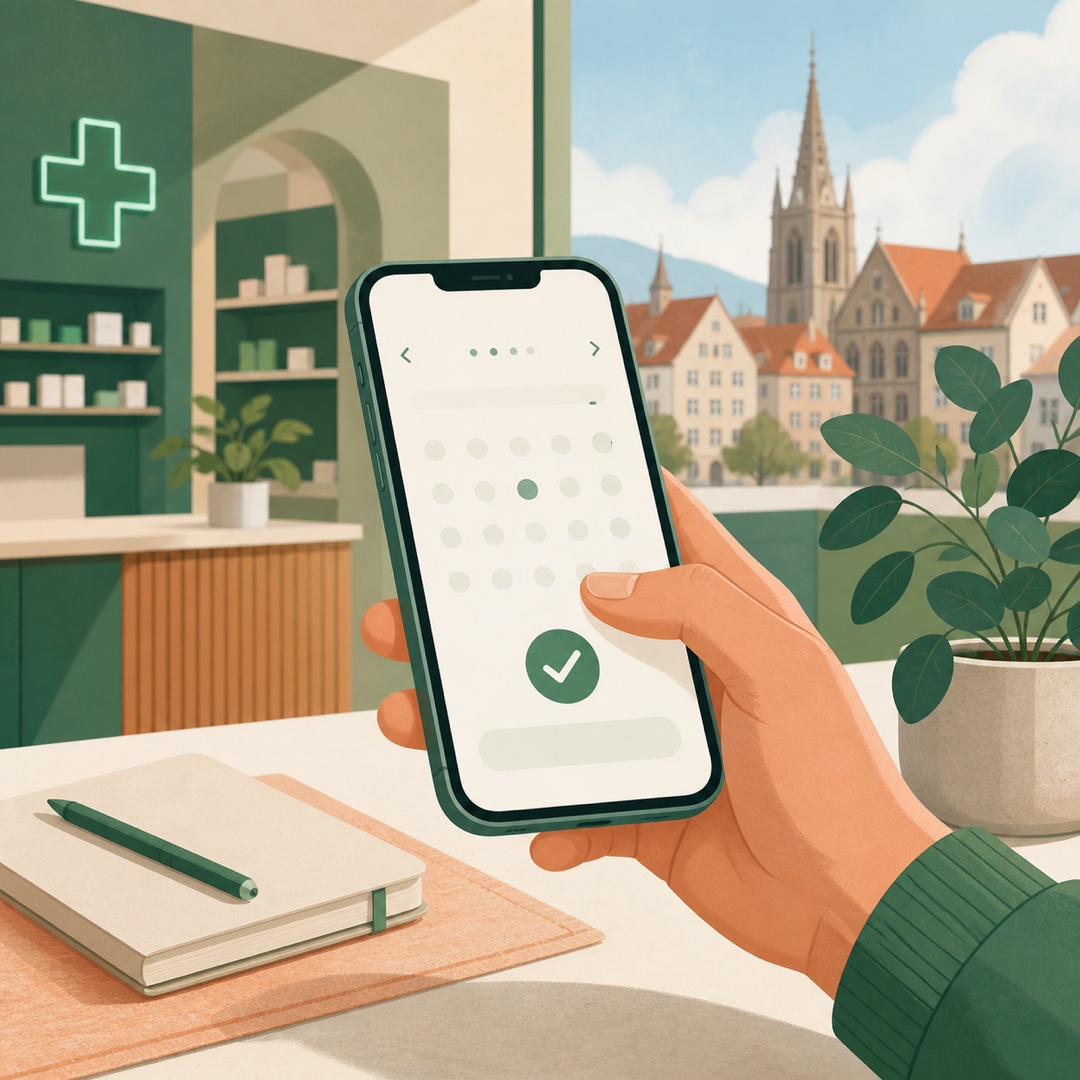 Editorial illustration of preparing a pharmacy appointment